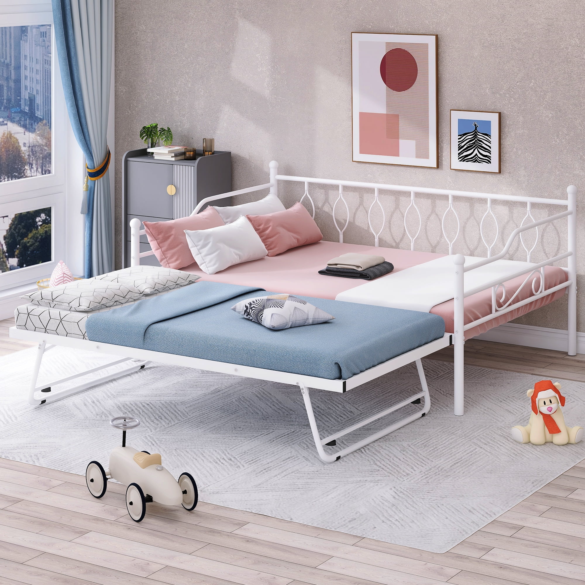Sesslife Metal Daybed with Adjustable Trundle, Twin Size Daybed with Twin Size Pop Up Trundle