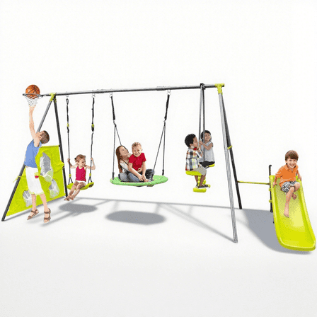 Sesslife Metal Swing Set for Outside, 6 in 1 Kids Backyard with Slide, Seesaw Swing, Single Swing and Basketball Hoop