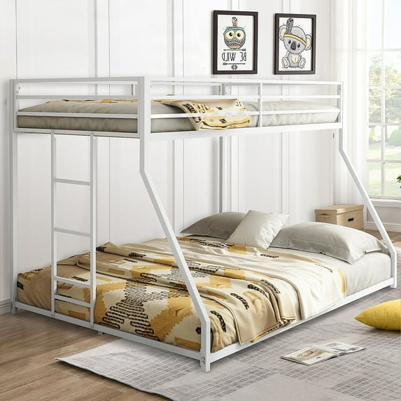 Sesslife Metal Twin Over Full Bunk Bed, Low Profile Metal Bunk Bed with Ladder and Full-Length Guardrail, Heavy-Duty Metal Low Bunk Beds For Teens Adults, No Box Spring Needed, White