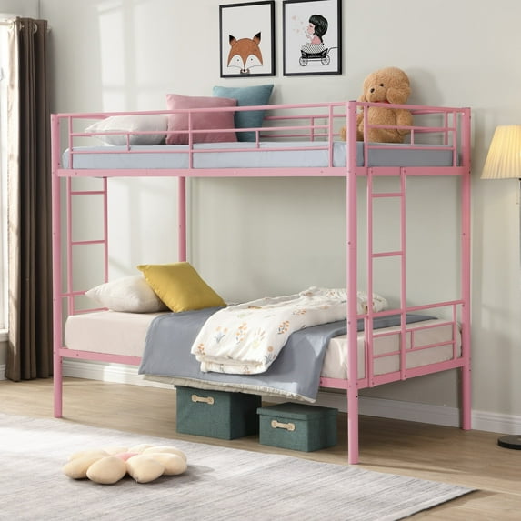 PARPOOS Metal Twin Over Twin Bunk Bed with 2 Ladders, Twin Bunk Beds fo Teens with Full Length Guardrails, Convertible Bunk Bed Can Be Divided Into 2 Twin Beds, No Box Spring Needed, Pink