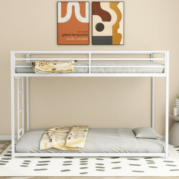 Sesslife Metal Twin Over Twin Bunk Beds, Heavy Duty Bed Frame with Ladder and Safety Full-Length Guardrails, Low Profile Junior Bunk Bed for Teens Adults, Noise-Free, No Box Spring Needed, White