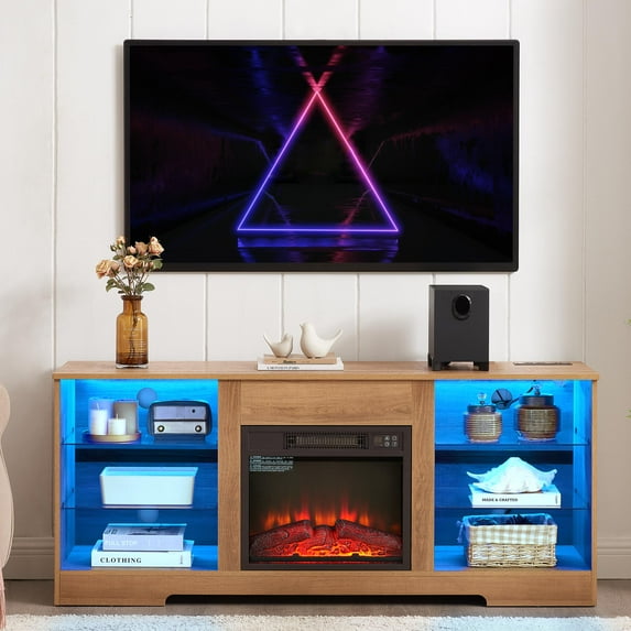 SESSLIFE Fireplace TV Stand for 65 Inch TV, Farmhouse TV Stand with Storage Shelves, Entertainment Center with 3D Flame Electric Fireplace Heater, Oak
