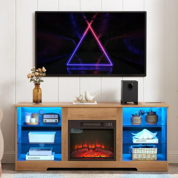 SESSLIFE Fireplace TV Stand for 65 Inch TV, Farmhouse TV Stand with Storage Shelves, Entertainment Center with 3D Flame Electric Fireplace Heater, Oak