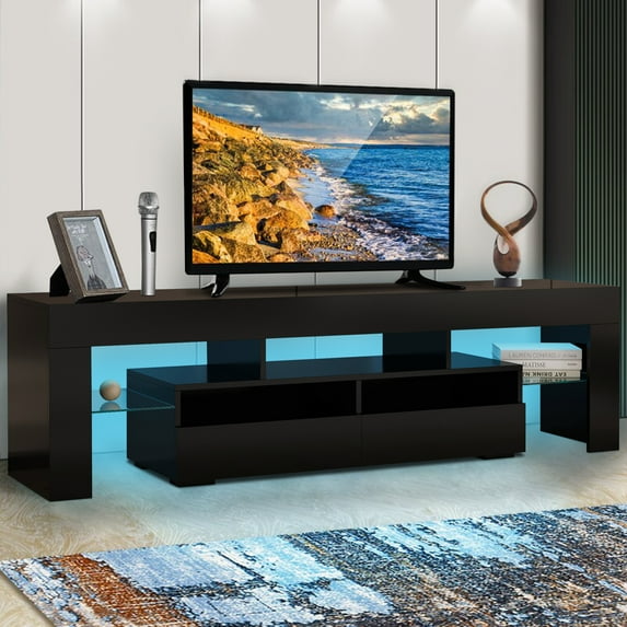 Sesslife Modern TV Stand for 70 Inch TV, High Glossy Front Cabinet with 16-color RGB LED Lights, Console Entertainment Center Television Table for Living Room or Bedroom, Black