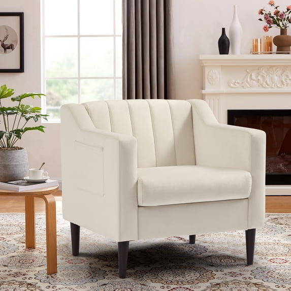 Sesslife Modern Upholstered Tufted Accent Chair, Velvet Fabric Single Sofa Side Chair, Comfy Barrel Club Living Room Armchair with Solid Wood Legs for Bedroom Living Reading Room Office, White