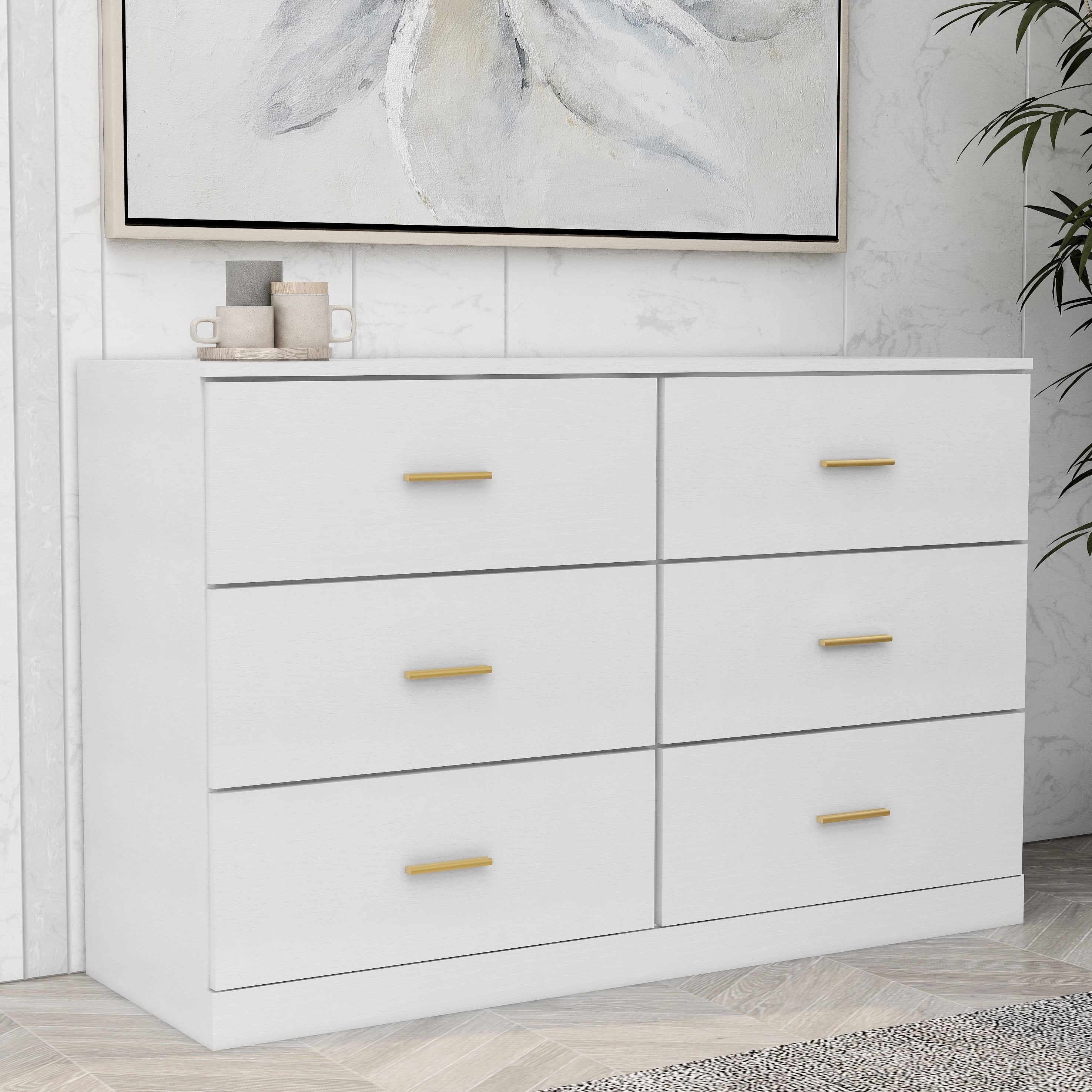 Sesslife Modern White 6 Drawer Dresser for Bedroom Ample Storage Wide Chest of Drawers Sturdy Safe