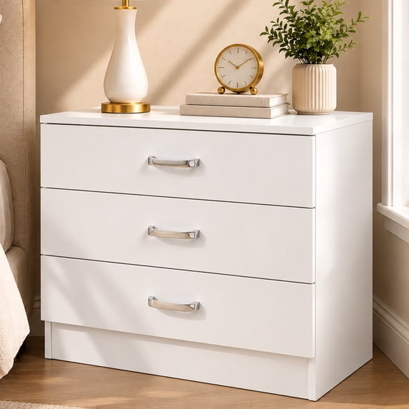 SESSLIFE 3 Drawer Nightstand, White Night Stand with Silver Handles, Wood Bedside Table Storage Cabinet, Multi-Scene Furniture for Bedroom, Living Room