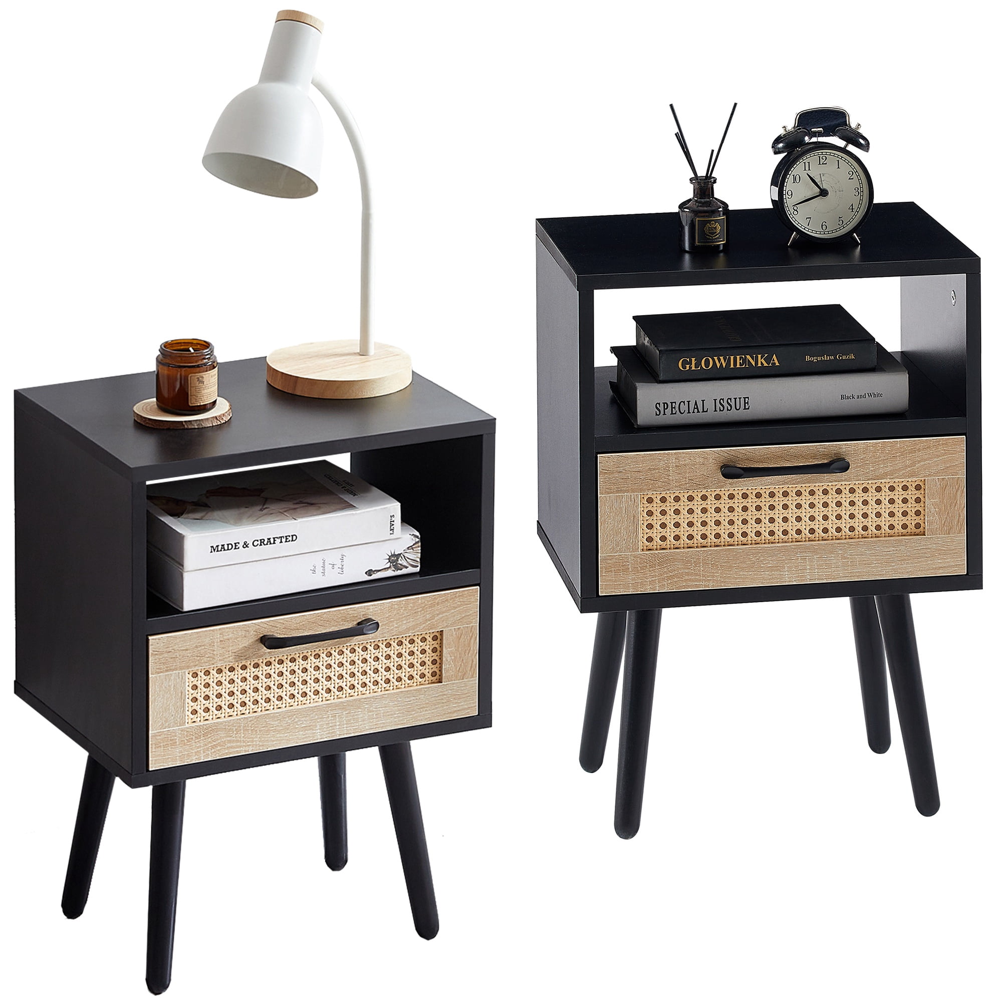 PAPROOS Nightstand Set of 2, Bedside Table with Wood Legs, Modern End ...