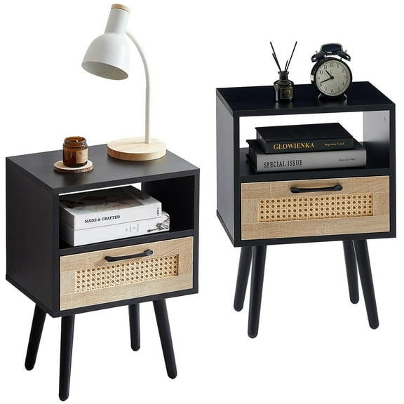 PAPROOS Nightstand Set of 2, Bedside Table with Wood Legs, Modern End Side Table with a Fabric Drawer and Shelf, Versatile Nightstand for Bedroom Sofa Entryway, Black