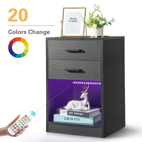 Sesslife Nightstand w/LED Lights and Socket, Modern End Table w/Drawer and Shelf, Easy Assembly Sofa Side Table, Widely-Match Bedside Table for Bedroom Living Room, Office, Black