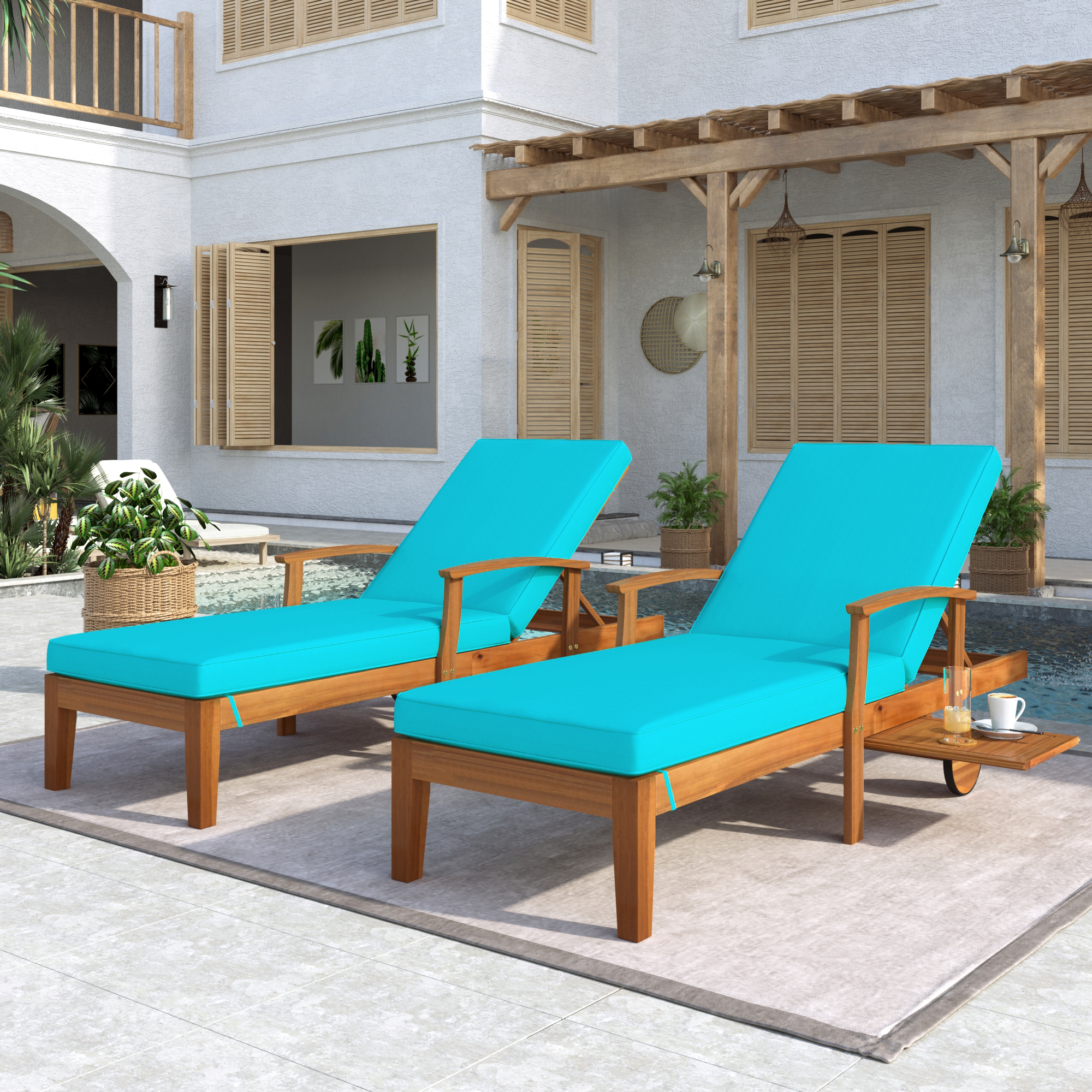 Sesslife Outdoor Solid Wood Chaise Lounge, 2 Piece Patio Brown Finish Reclining Chair Furniture Set Beach Pool Adjustable Backrest Recliners with Blue Cushions - image 1 of 10