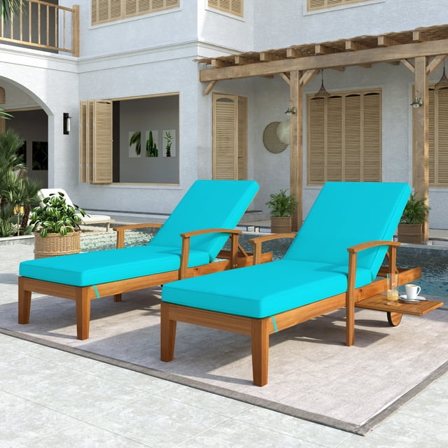 Sesslife Outdoor Solid Wood Chaise Lounge, 2 Piece Patio Brown Finish Reclining Chair Furniture Set Beach Pool Adjustable Backrest Recliners with Blue Cushions