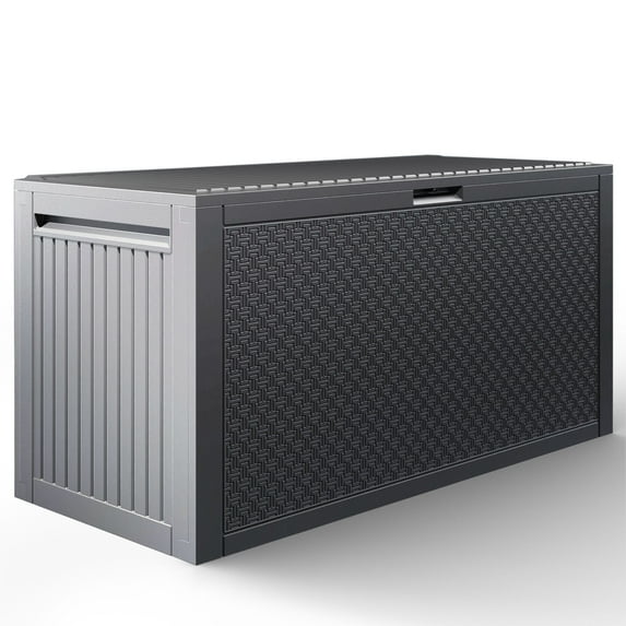 90 GALLON Deck Box, Outdoor Plastic Waterproof Storage Box Bench, Indoor Storage Bin Container for Patio Cushions, Garden Tools and Pool Toys, Gray