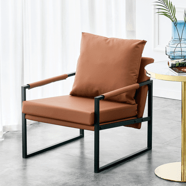 Sesslife PU Leather Accent Arm Chair, Modern Armchair with Metal Frame, Extra-Thick Padded Backrest and Seat Cushion, Single Brown Sofa Chair for Living Room
