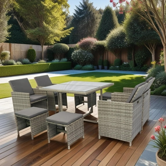 ENYOPRO Patio Furniture Dining Sets, Outdoor Sectional Sofa Set, PE Wicker Table with Chairs and Washable Cushions, Beige Cushion + Gray Wicker