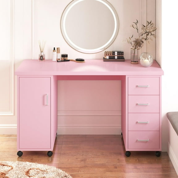 Sesslife Pink Computer Desk, Writing Desk with Lockable Wheels，Modern Wood Study Desk with 4 Drawers for Home Office Workstation