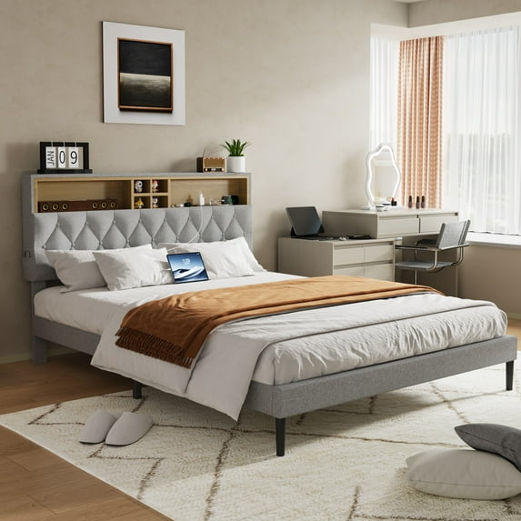 Sesslife Queen Bed Frame with Adjustable Storage Headboard, Upholstered Platform Bed with Charging Station and 2 Side Pockets, Strong Wood Slats Support, Noise Free, No Box Spring Needed, Gray