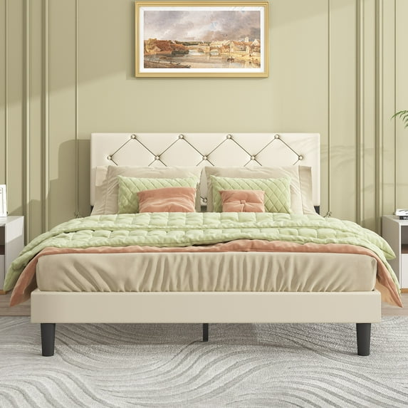 Sesslife Queen Bed Frame, Faux Leather Platform Bed Frame with Adjustable Headboard, Mattress Foundation, Holds 500LBS, No Box Spring Needed, Easy Assembly, White