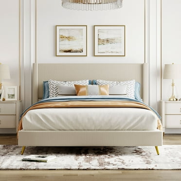 Sesslife Queen Bed Frame with Headboard, New Upgraded Corduroy Upholstered Platform Bed with Wooden Slats and Metal Legs, No Box Spring Needed, Queen Size Bed Frame for Adults, Holds 500lbs, Beige