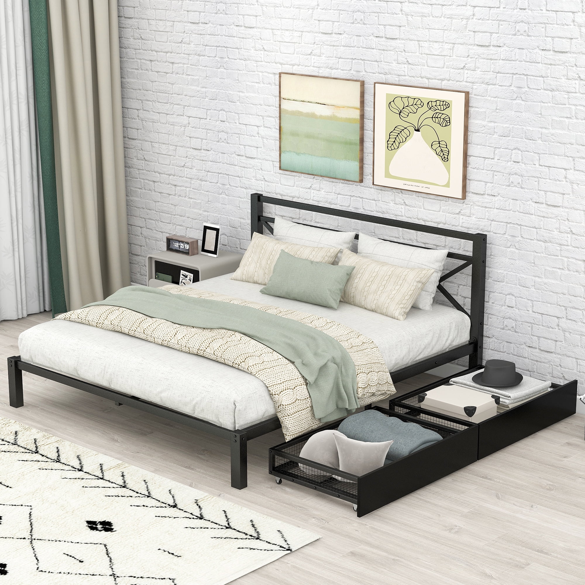 Sesslife Queen Bed Frame with Storage, Black Metal Platform Bed with ...
