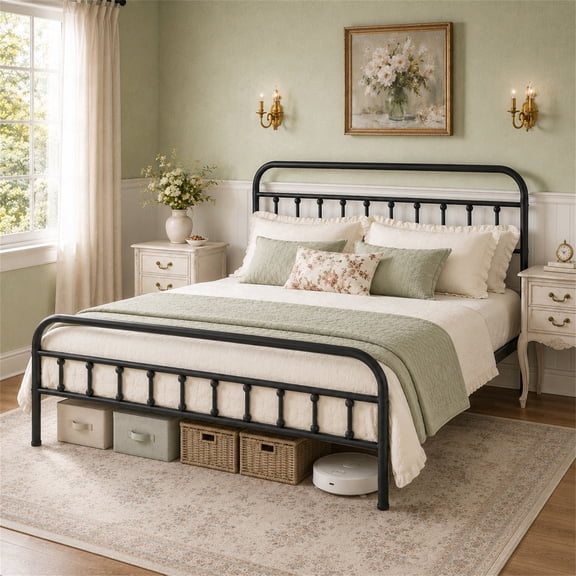 SESSLIFE King Bed Frame with Headboard and Footboard, King Size Metal Platform Bed Frame, Victorian Style Metal Bed Frame King, Noise Free, No Box Spring Needed, Black