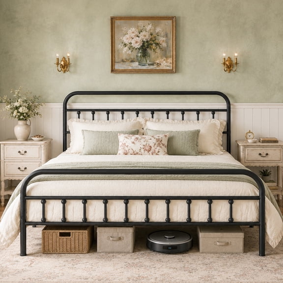 SESSLIFE King Bed Frame with Headboard and Footboard, King Size Metal Platform Bed Frame, Victorian Style Metal Bed Frame King, Noise Free, No Box Spring Needed, Black