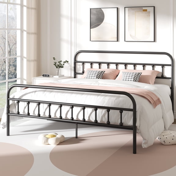Sesslife King Size Bed Frame, Metal Platform Bed with Vintage Headboard and Footboard for Adults Teens, Rustic Vintage King Bed Frame Bedroom Furniture, Heavy Duty, No Box Spring Needed, Black