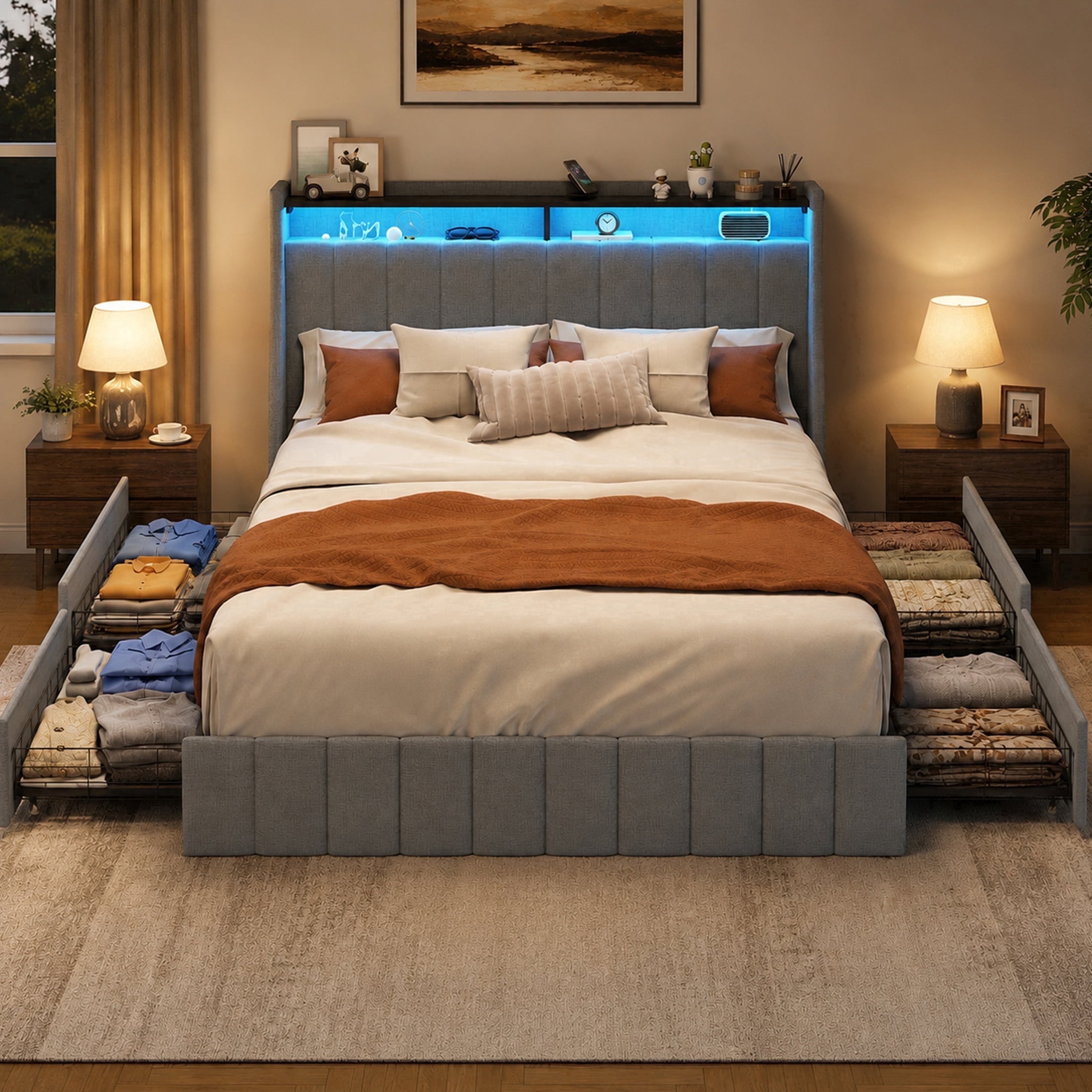 SESSLIFE Queen Bed Frame with Storage, Upholstered Platform Storage Bed with 4 Drawers & Headboard Storage Shelves, RGB LED Lights, Easy Assembly, No Box Spring Needed, Gray