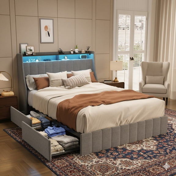 Sesslife Queen Size Bed Frame with 4 Drawers, Wood Platform Bed Frame with 41.3" High LED Wingback Storage Headboard, Upholstered Bed Frame Queen Size with Strong Slats, No Box Spring Needed, Gray