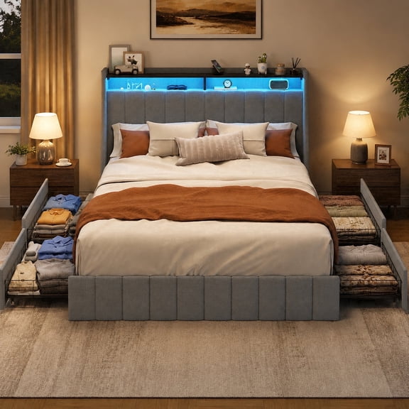 SESSLIFE Queen Bed Frame with Storage, Upholstered Platform Storage Bed with 4 Drawers & Headboard Storage Shelves, RGB LED Lights, Easy Assembly, No Box Spring Needed, Gray