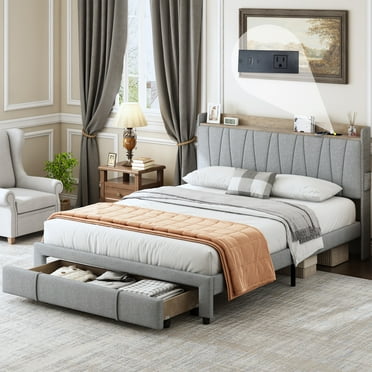 Sesslife Queen Size Bed Frame with Storage Headboard and Charging Station, Upholstered Platform Bed with Drawers and Large Under Bed Space, Strong Wood Slats Support, No Box Spring Needed, Gray