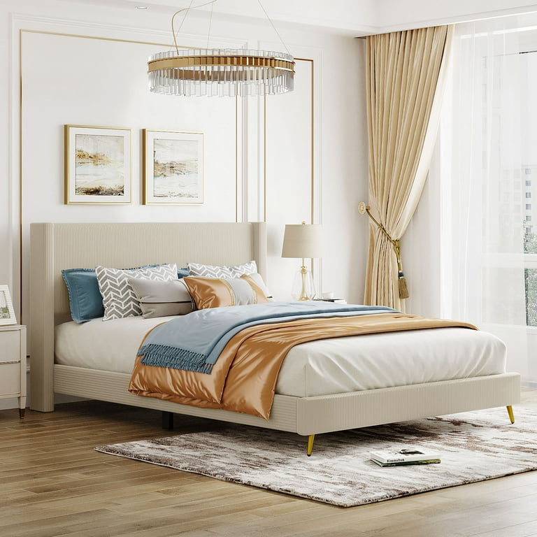 Sesslife Queen Size Corduroy Upholstered Platform Bed Heavy Duty Queen Bed Frame with Headboard and Metal Legs Strong Wooden Slats Support Queen