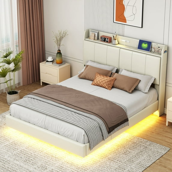 Sesslife Queen Size Floating Bed Frame with Charging Station and Touch Sensor Nightlight, LED Platform Bed with Storage Upholstered Headboard and Side Pockets, No Box Spring Needed, Beige