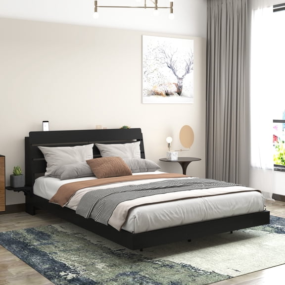 Sesslife Queen Size Floating Bed Frame with LED Lights, Modern Metal Platform Bed with Charging Station and Foldable Tabletops, Easy to Assembly, No Box Spring Needed, Black