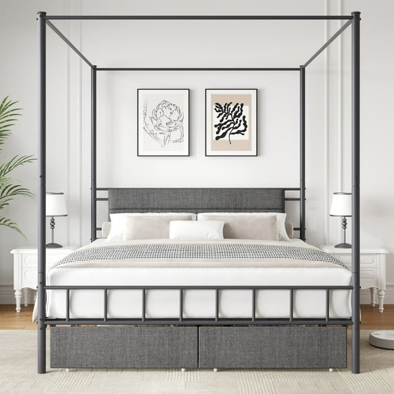 Sesslife Queen Canopy Bed Frame with Upholstered Headboard, 2 In 1 Metal Platform Bed with 2 Storage Drawers, Canopy Bed Curtain Not Included, Large Under Bed Space, No Box Spring Needed, Gray+Black