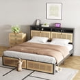 thumbnail image 1 of Sesslife Rattan Queen Size Bed Frame with LED Lights and Charging Station, Farmhouse Metal Platform Bed with Storage Headboard and Cat Cabinet, Strong Slats Support, No Box Spring Needed, Black, 1 of 8