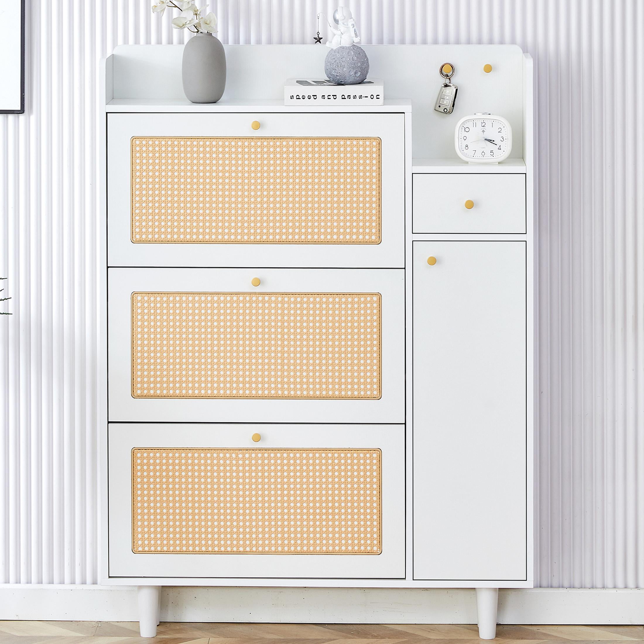 White Wood and Rattan Wall Mounted Shoe Cabinet with Flip Drawers