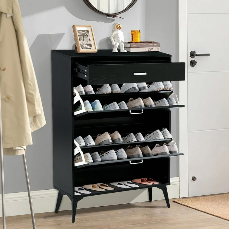 Modern Shoe Cabinet Shoe Rack with Flip Doors, 4 Tier Narrow Wood Entryway  Cabinet for 24 Pairs of Shoes Storage(Black)