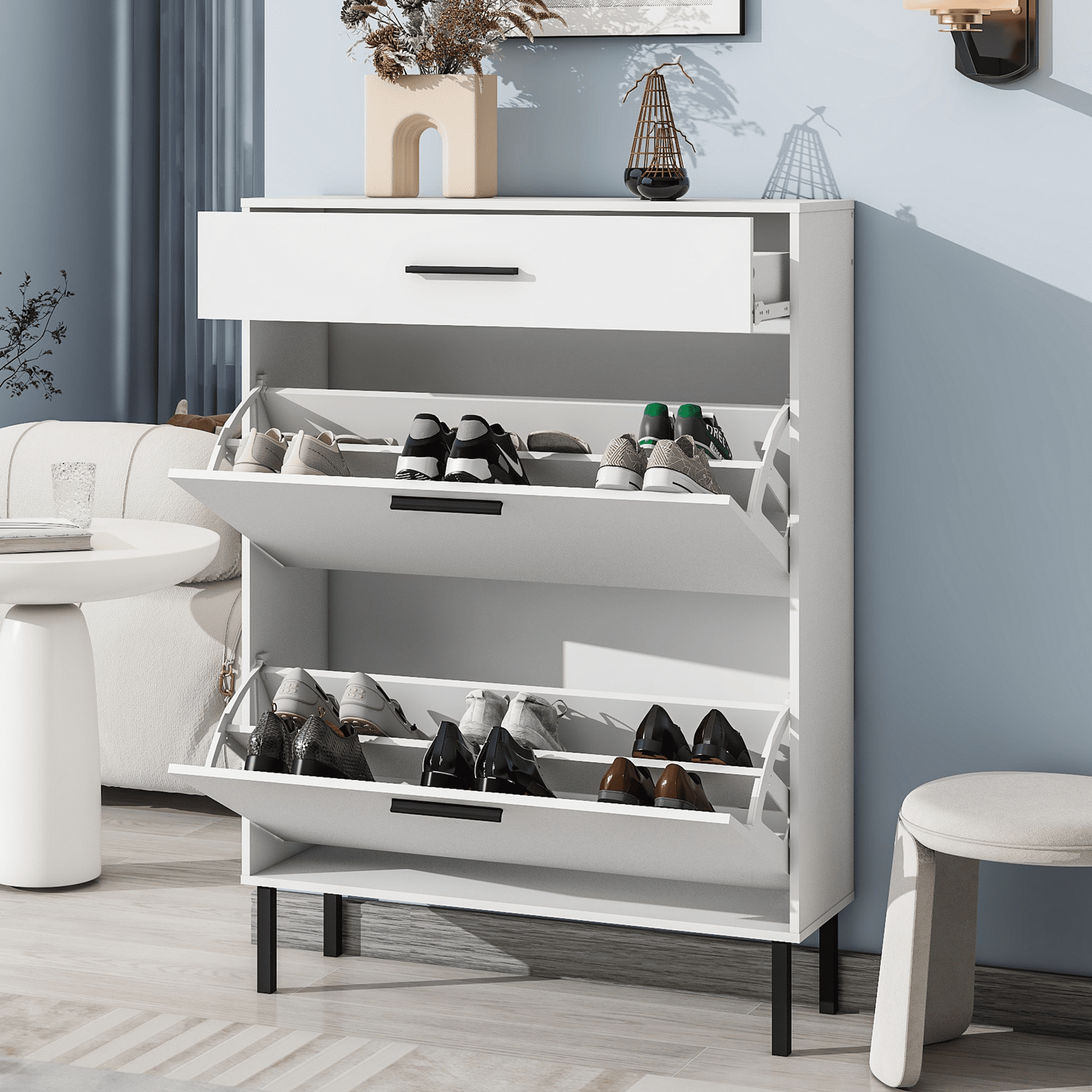 UHOMEPRO Shoe Cabinet with 2 Flip Drawers, Modern 20 Pair Shoe Rack Organizer, Freestanding Tipping Bucket Shoe Storage Cabinet for Entryway, White