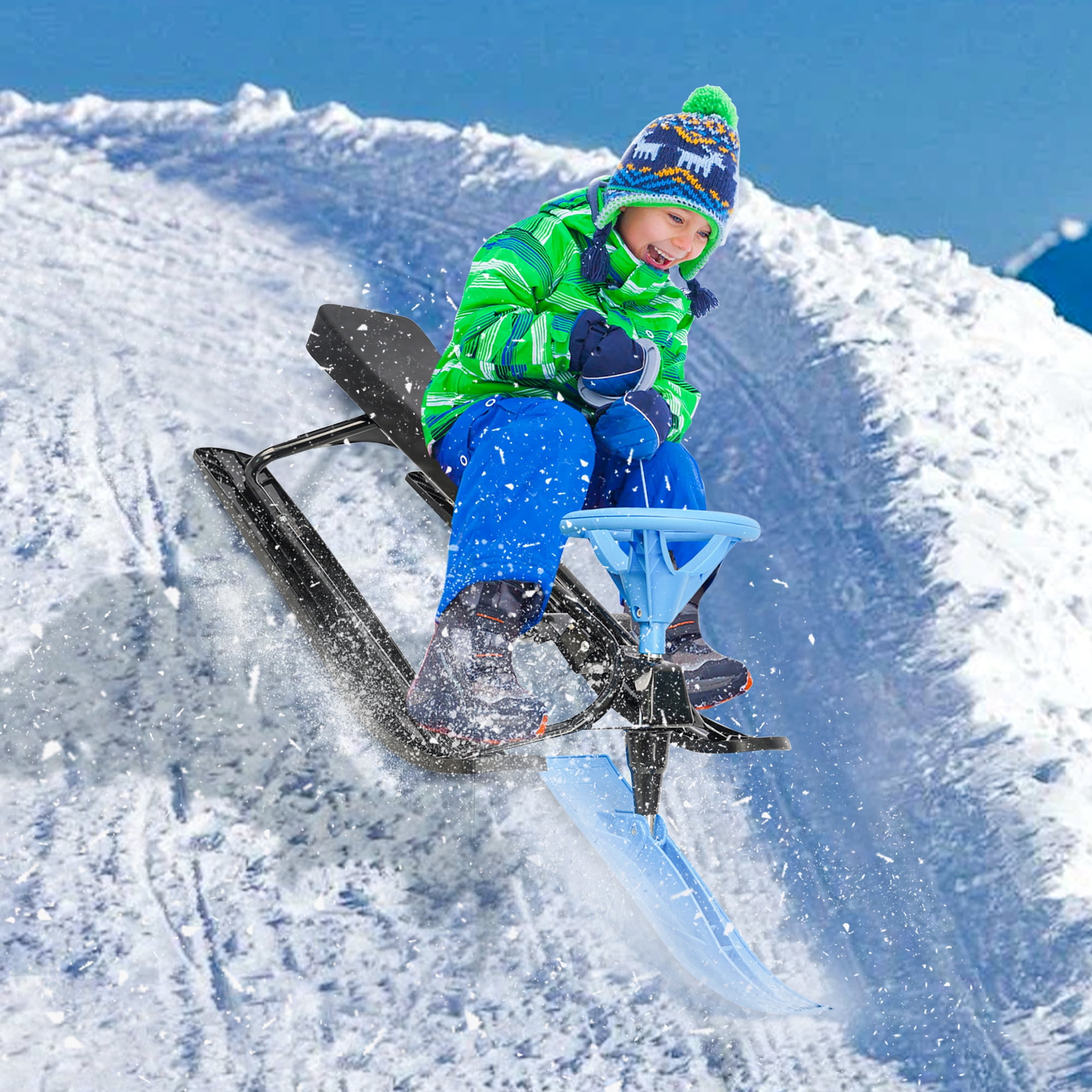 Sesslife Snow Racer Sled with Steering Wheel, Double Brakes and Pull