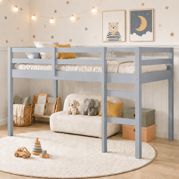 SESSLIFE Twin Size Loft Bed with Stairs, White Tall Solid Wood Loft Bed with Ladder and Guardrails for Boys Girls, No Box Spring Needed,Under Bed Storage