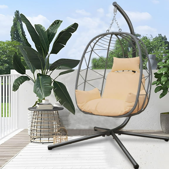 Enyopro Outdoor Egg Chair, 350LBS Weight Capacity Patio Wicker Swing Egg Chair with Stand, Steel Frame, Soft Cushion and Pillow for Home Bedroom Patio Balcony, Khaki