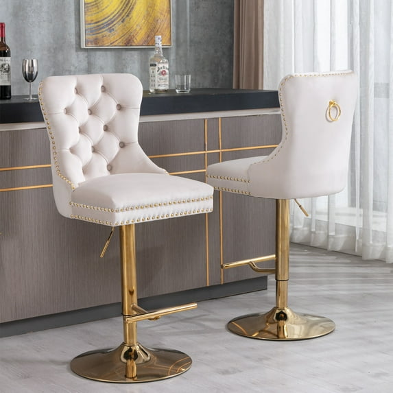Bar Stools Sets of 2, PAPROOS Swivel 27-35'' Adjustable Height Bars Stools with Back, Velvet Upholstered Counter & Bar Height Bar Stools Sets for Kitchen Island, Beige & Gold