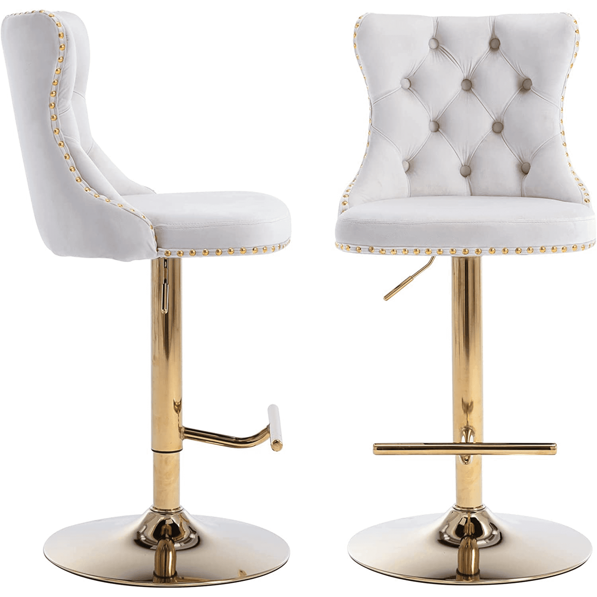 Swivel Bar Stools Set of 2, PAPROOS 25-33''Adjustable Height Bar Stool with Back, Velvet Upholstered Counter & Bar Height Bar Stool with Button Tufted & Nail Trim, Kitchen Island Chair, Beige & Gold