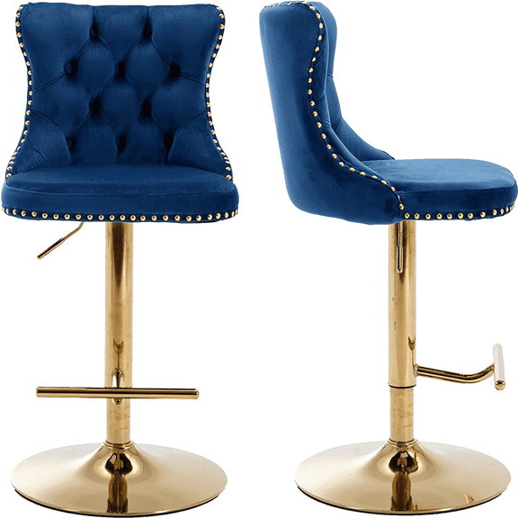 Swivel Bar Stools Set of 2, PAPROOS 25-33''Adjustable Height Bar Stool with Back, Velvet Upholstered Counter & Bar Height Bar Stool with Button Tufted & Nail Trim, Kitchen Island Chair, Blue & Gold