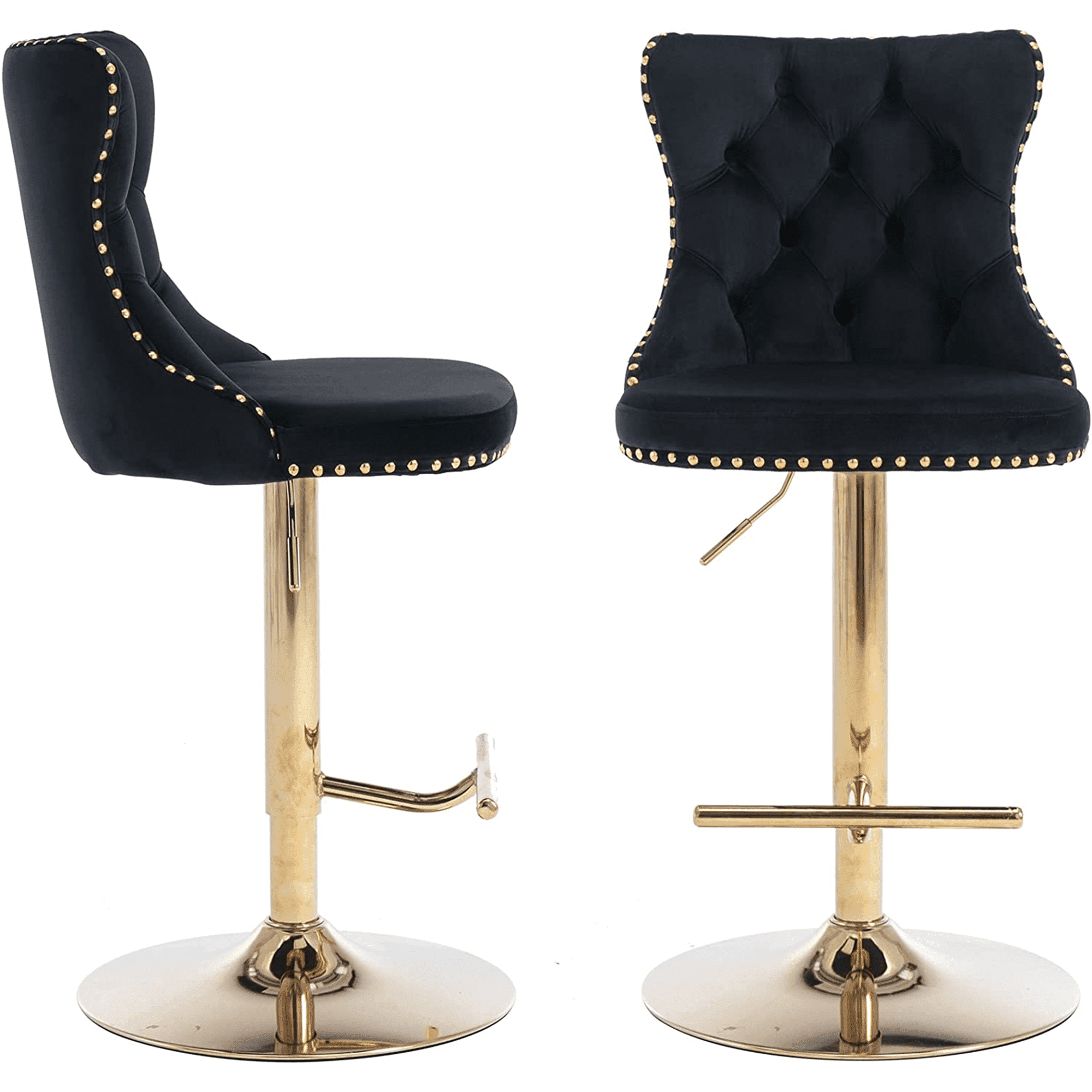 Swivel Bar Stools Set of 2, PAPROOS 25-33''Adjustable Height Bar Stool with Back, Velvet Upholstered Counter & Bar Height Bar Stool with Button Tufted & Nail Trim, Kitchen Island Chair, Black & Gold