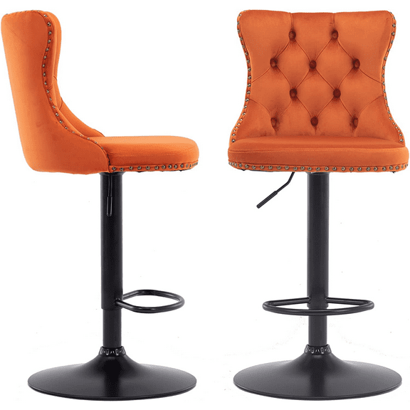 Sesslife Swivel Counter Height Bar Stools Set of 2, Upholstered Velvet Fabric High Bar Chairs with Golden Nail Trim, Adjustable Seat Height, Barstools with Back and Footrest for Kitchen Island, Orange
