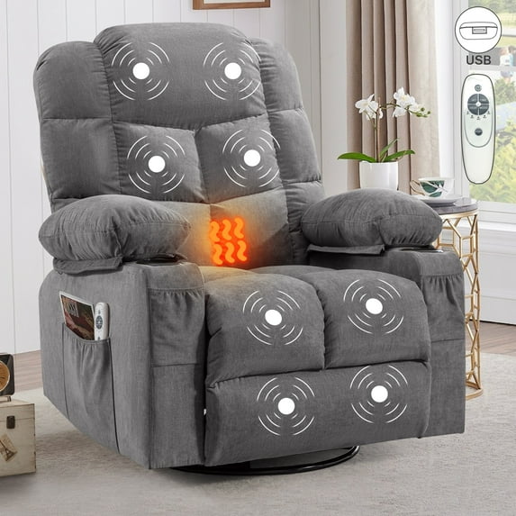 Sesslife Swivel Rocker Recliner Chair for Adults, Heavy Duty Manual Electric Power Reclining Sofa with Heat and Massage, Comfy Single Reclining Mechanism Chair with Side Pockets Cup Holders, Gray