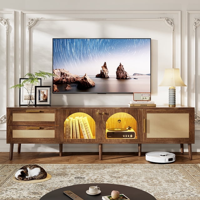 ENYOPRO TV Stand with LED Light for 75 inch TV, Farmhouse Entertainment Center with Storage Space, Brown