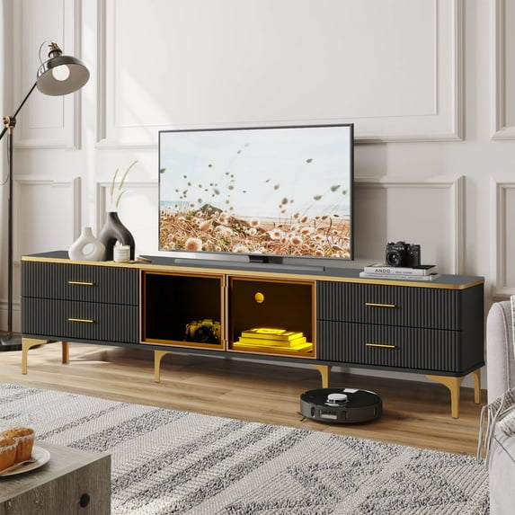 Sesslife TV Stand for 80inch TVs, Modern TV Console Entertainment Center with Adjustable LED Light, Media Console Cabinet with 2 Doors & 4 Drawers for Living Room, Bedroom, Black